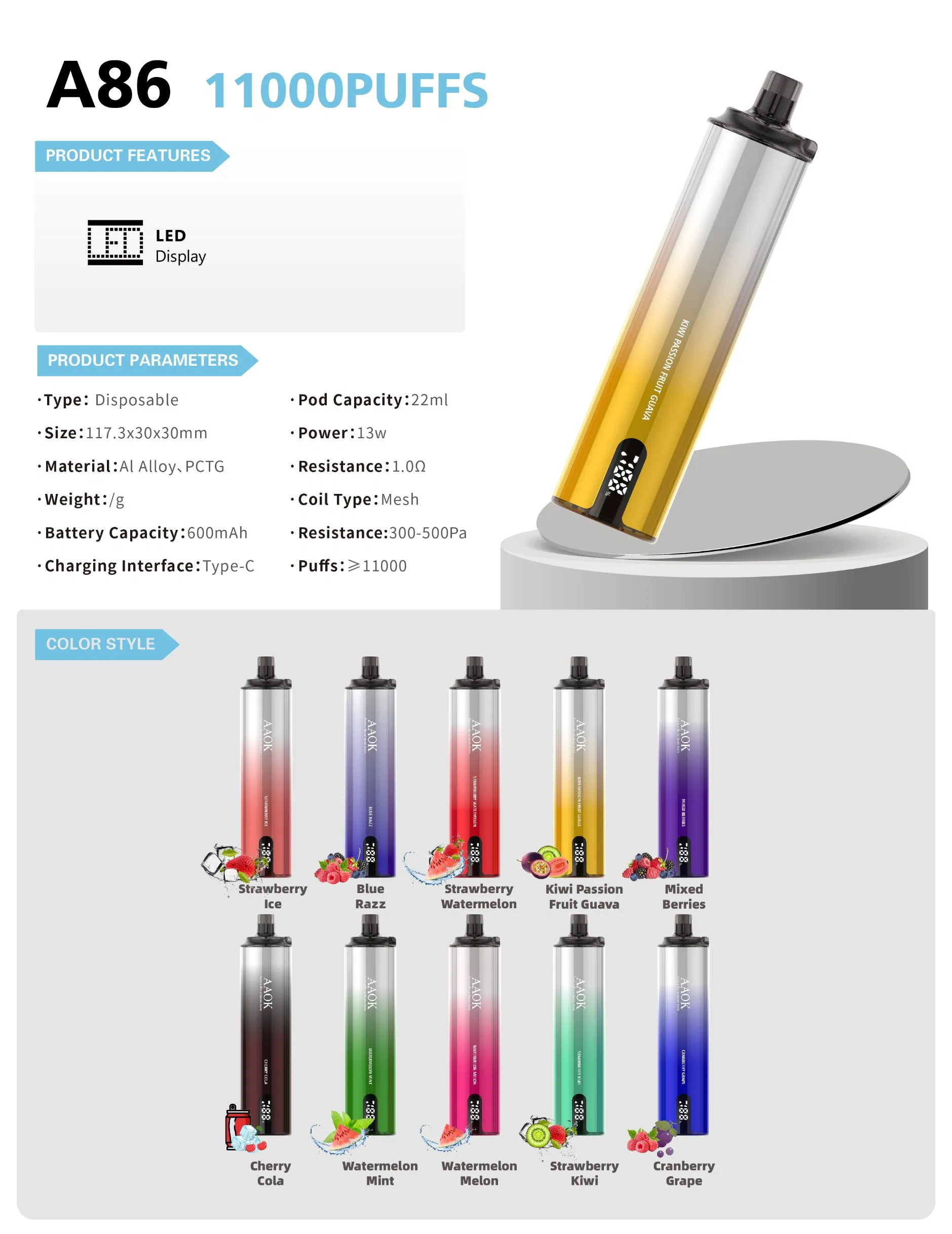 Aaok- A86 Display Screen Ecig Free Samples11000puffs--Vape-E-cigarette